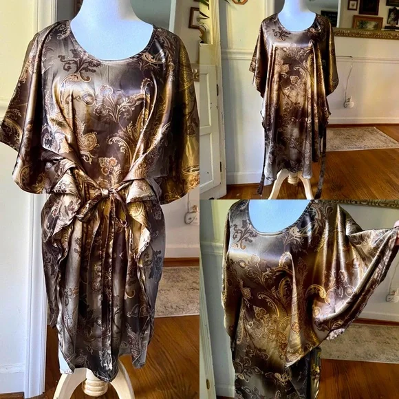 Vintage Gold 60s 70s silky Paisley Kaftan Mini butterfly Dress Angel Sleeves - Picture 2 of 16